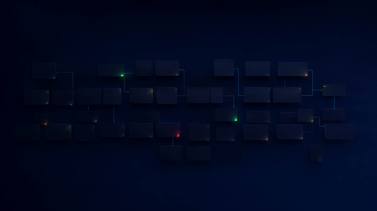 A grid of worktree cards, most dark and unlit, a few with green, amber and red status glows in their corners, thin cyan connection lines linking a few cards together.